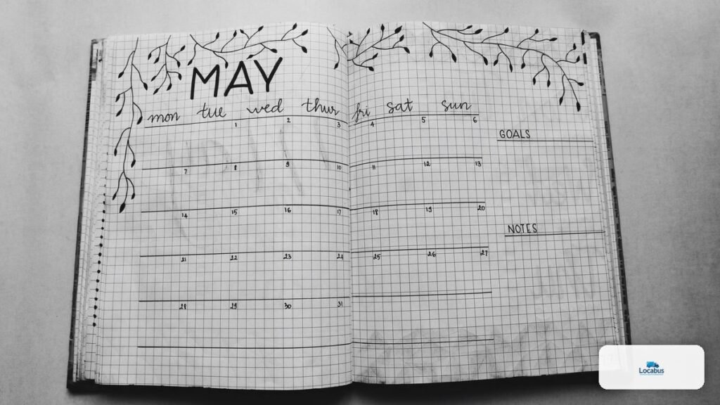 Calendrier mensuel dessiné à la main, planification d'un déménagement