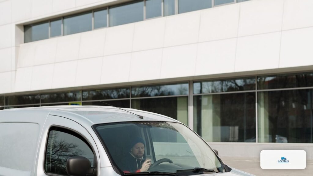 Petit utilitaire blanc en ville, conduisible avec un permis B